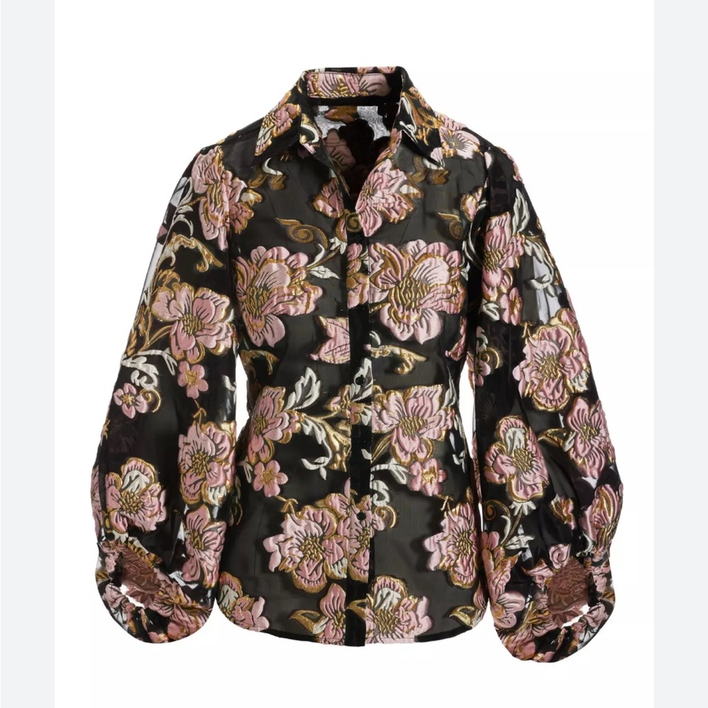 BOSTON PROPER foil burnout organza balloon sleeve shirt floral embroidered